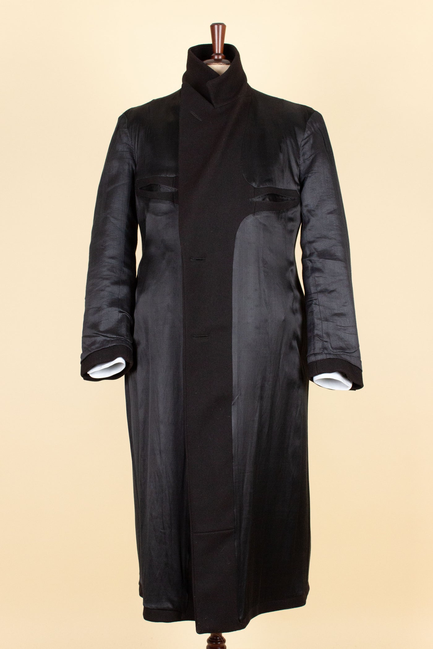 SWEDISH 1930S BLACK DOUBLE BREASTED OVERCOAT BY JOHN LARSSON. SIZE CA EU 46 LONG