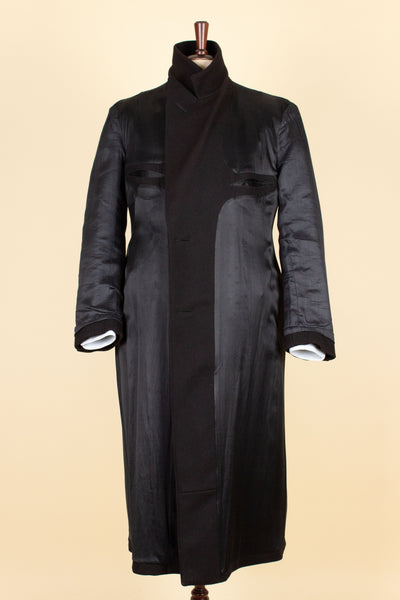SWEDISH 1930S BLACK DOUBLE BREASTED OVERCOAT BY JOHN LARSSON. SIZE CA EU 46 LONG