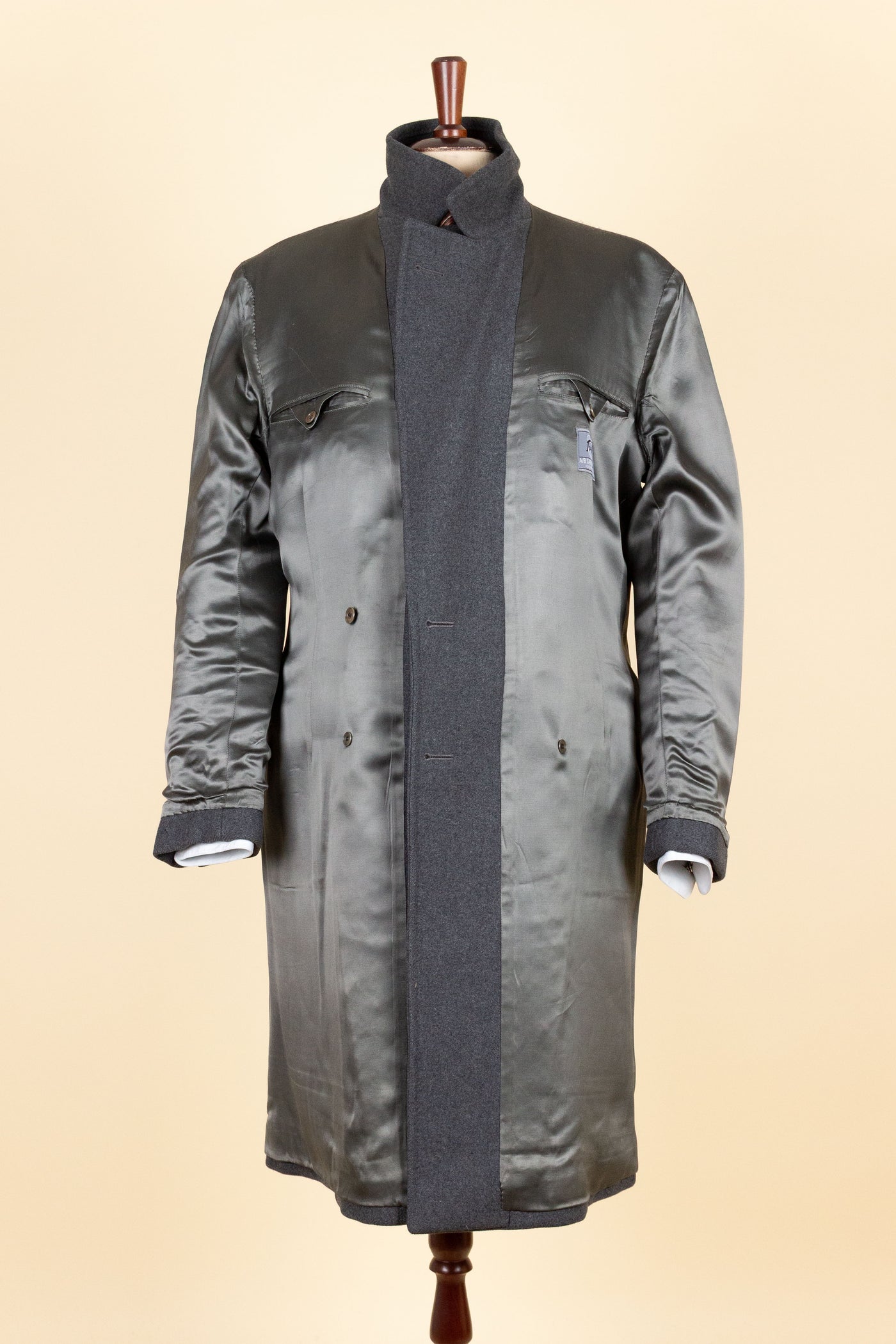 SWEDISH 1950S GREY DOUBLE BREASTED OVERCOAT BY TIGER. SIZE CA EU 46-48