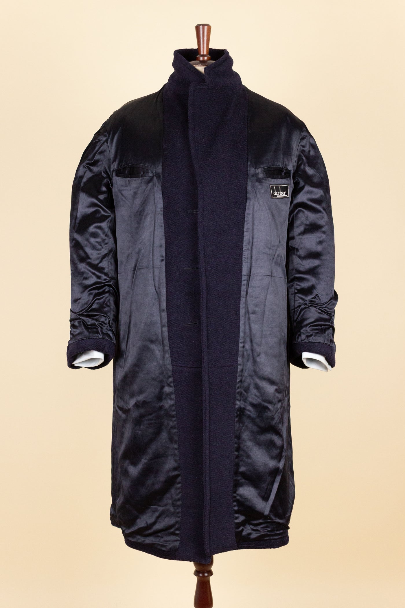 SWEDISH 1940S DARK BLUE OVERCOAT BY DERBER. SIZE CA EU 46-48