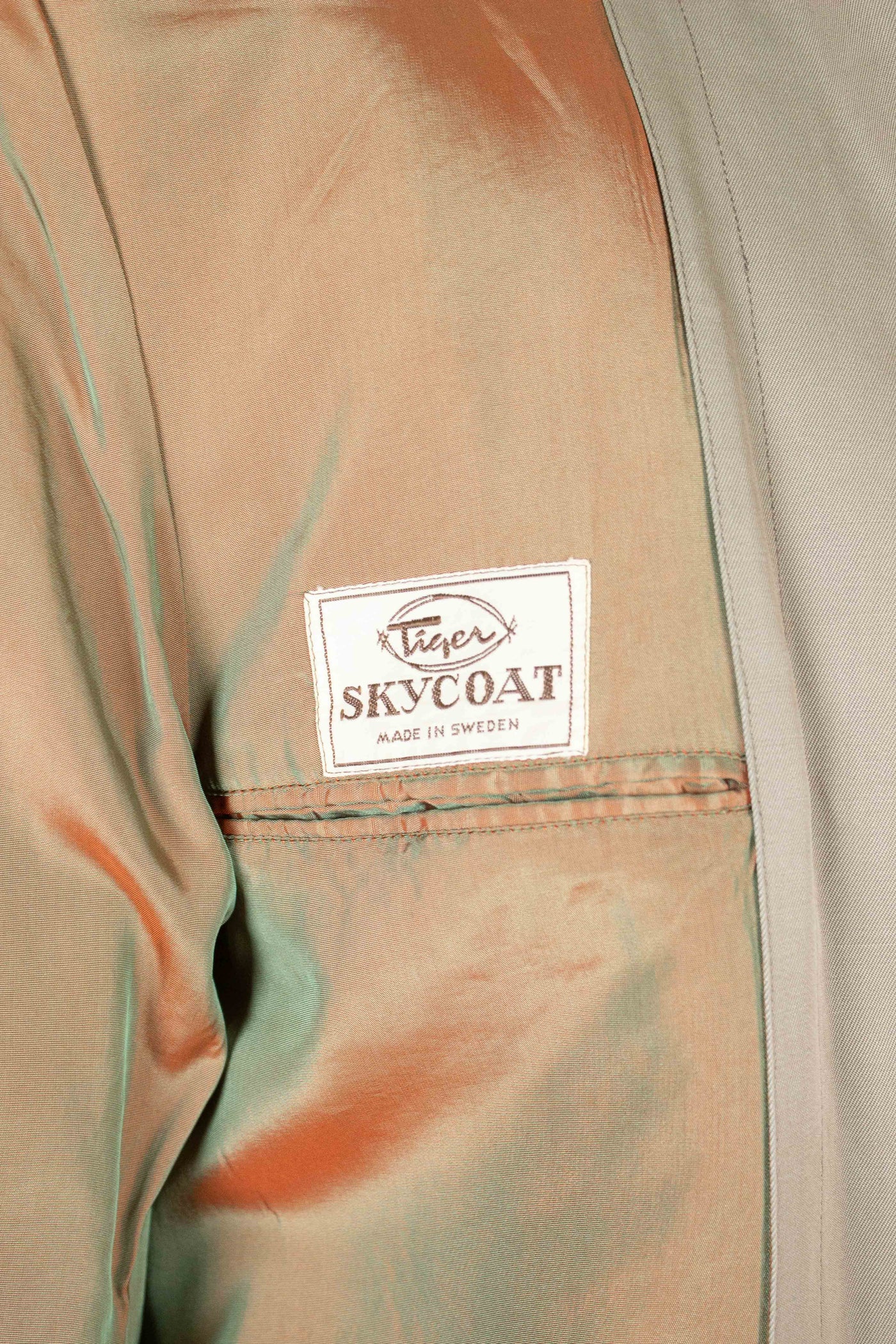 SWEDISH 1950S/1960S GREY-GREEN SINGLE BREASTED LIGHTWEIGHT COAT BY TIGER. SIZE CA EU 46
