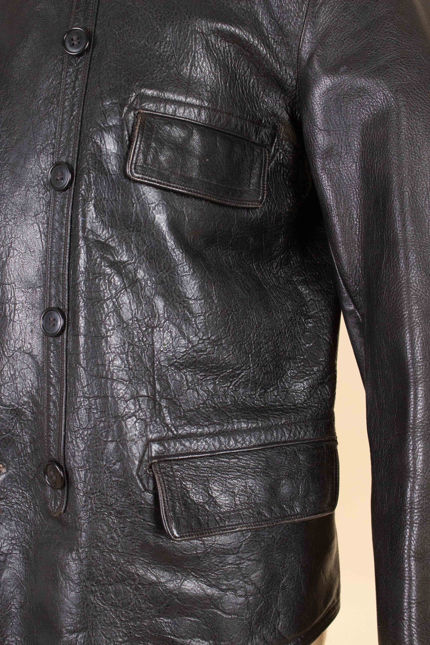 SWEDISH 1930S/1940S BLACK GOATSKIN DOUBLE BREASTED JACKET. SIZE CA EU 50
