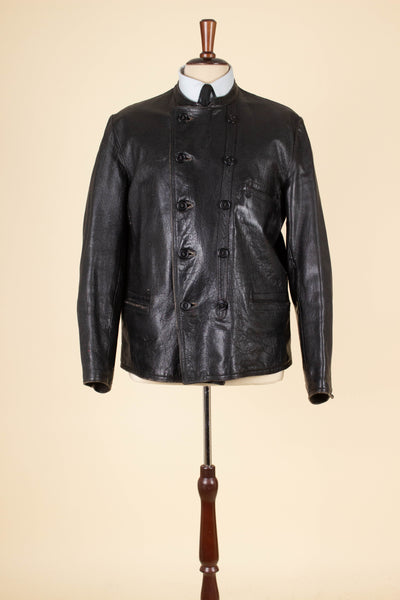 SWEDISH 1930S/1940S BLACK GOATSKIN DOUBLE BREASTED JACKET. SIZE CA EU 50