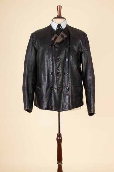SWEDISH 1930S/1940S BLACK GOATSKIN DOUBLE BREASTED JACKET. SIZE CA EU 50