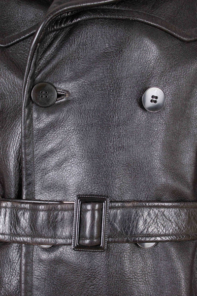 SWEDISH 1940S BLACK DOUBLE BREASTED BELTED GOATSKIN JACKET BY L.F. EMILSSON. SIZE CA EU 52