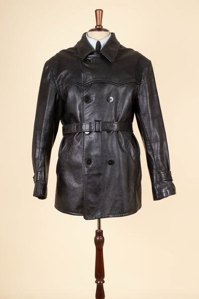 SWEDISH 1940S BLACK DOUBLE BREASTED BELTED GOATSKIN JACKET BY L.F. EMILSSON. SIZE CA EU 52