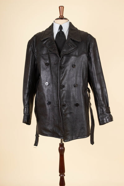 SWEDISH 1940S BLACK DOUBLE BREASTED BELTED GOATSKIN JACKET BY L.F. EMILSSON. SIZE CA EU 52