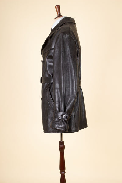 SWEDISH 1940S BLACK DOUBLE BREASTED BELTED GOATSKIN JACKET BY L.F. EMILSSON. SIZE CA EU 52