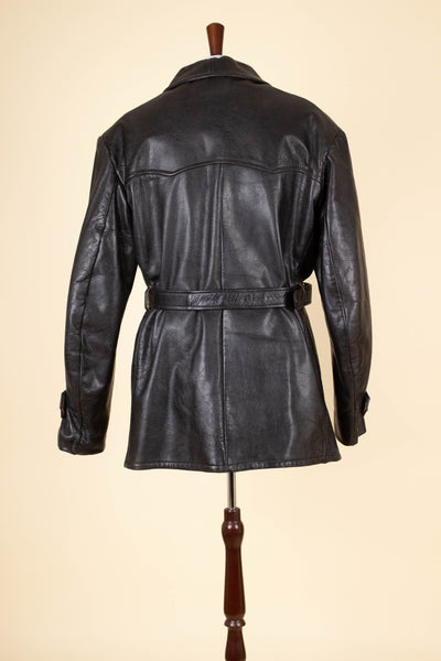 SWEDISH 1940S BLACK DOUBLE BREASTED BELTED GOATSKIN JACKET BY L.F. EMILSSON. SIZE CA EU 52