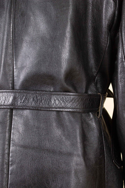 SWEDISH 1940S BLACK DOUBLE BREASTED BELTED GOATSKIN JACKET BY L.F. EMILSSON. SIZE CA EU 52