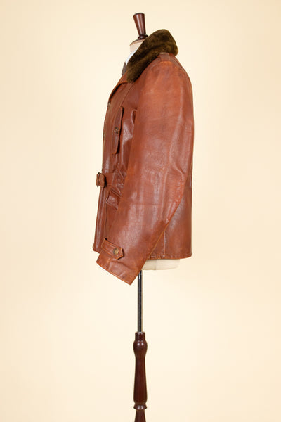 SWEDISH 1940S/1950S BROWN GOATSKIN JACKET WITH DETACHABLE FUR COLLAR. SIZE CA EU 54