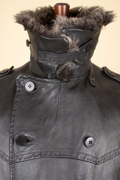 SWEDISH 1940S/1950S BLACK DOUBLE BREASTED GOATSKIN JACKET WITH FUR COLLAR. SIZE CA EU 46 LONG