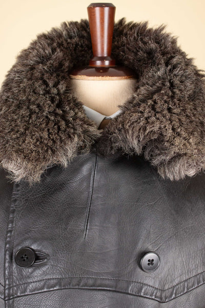 SWEDISH 1940S/1950S BLACK DOUBLE BREASTED GOATSKIN JACKET WITH FUR COLLAR. SIZE CA EU 46 LONG