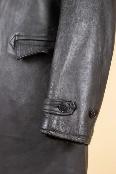 SWEDISH 1940S/1950S BLACK DOUBLE BREASTED GOATSKIN JACKET WITH FUR COLLAR. SIZE CA EU 46 LONG