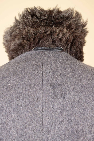 SWEDISH 1940S/1950S BLACK DOUBLE BREASTED GOATSKIN JACKET WITH FUR COLLAR. SIZE CA EU 46 LONG