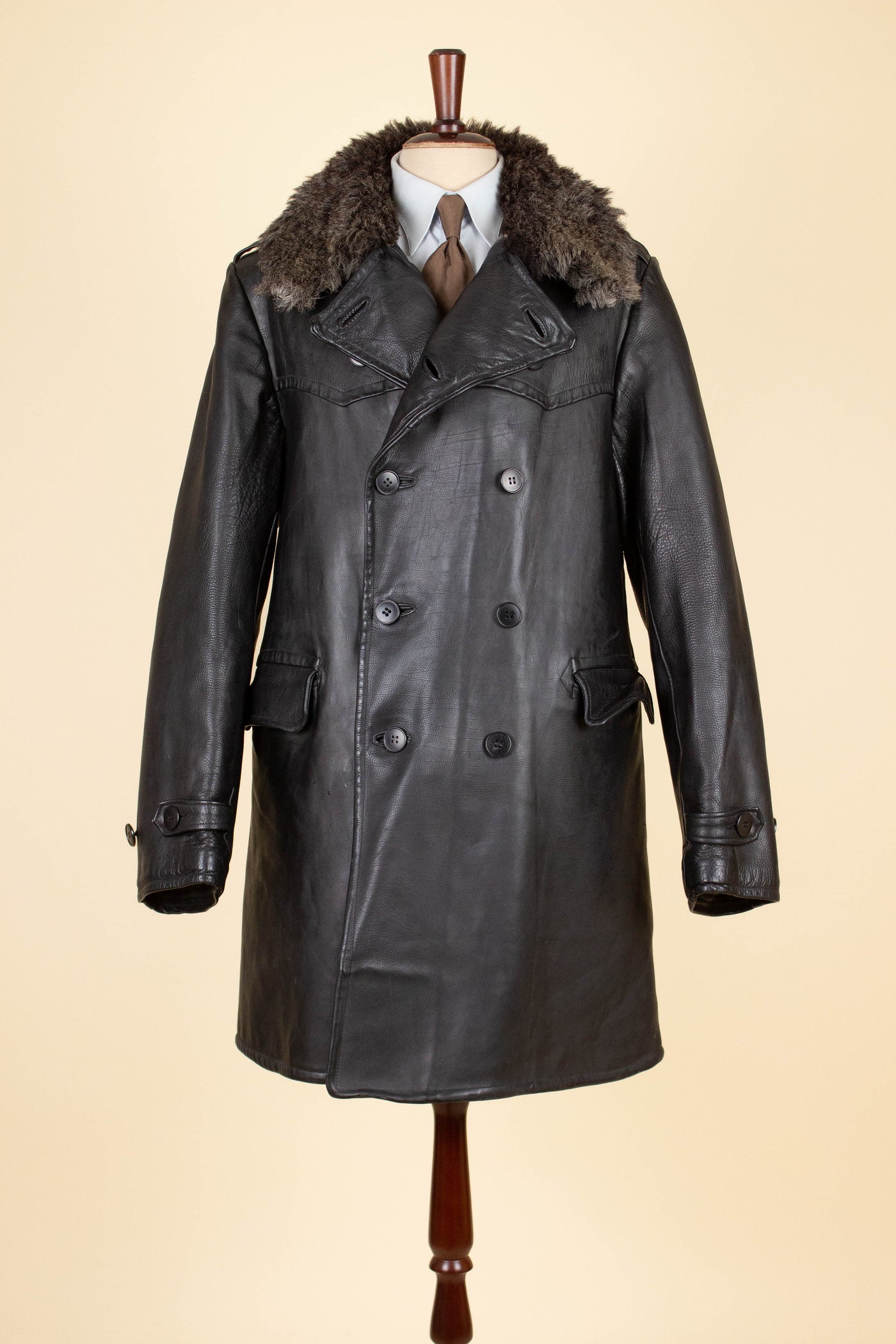 SWEDISH 1940S/1950S BLACK DOUBLE BREASTED GOATSKIN JACKET WITH FUR COLLAR. SIZE CA EU 46 LONG