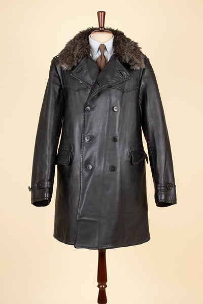 SWEDISH 1940S/1950S BLACK DOUBLE BREASTED GOATSKIN JACKET WITH FUR COLLAR. SIZE CA EU 46 LONG