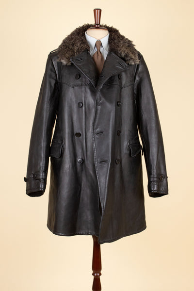 SWEDISH 1940S/1950S BLACK DOUBLE BREASTED GOATSKIN JACKET WITH FUR COLLAR. SIZE CA EU 46 LONG