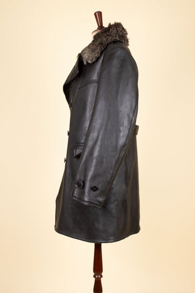 SWEDISH 1940S/1950S BLACK DOUBLE BREASTED GOATSKIN JACKET WITH FUR COLLAR. SIZE CA EU 46 LONG