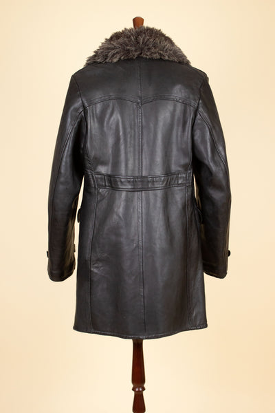 SWEDISH 1940S/1950S BLACK DOUBLE BREASTED GOATSKIN JACKET WITH FUR COLLAR. SIZE CA EU 46 LONG