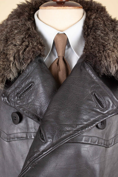 SWEDISH 1940S/1950S BLACK DOUBLE BREASTED GOATSKIN JACKET WITH FUR COLLAR. SIZE CA EU 46 LONG