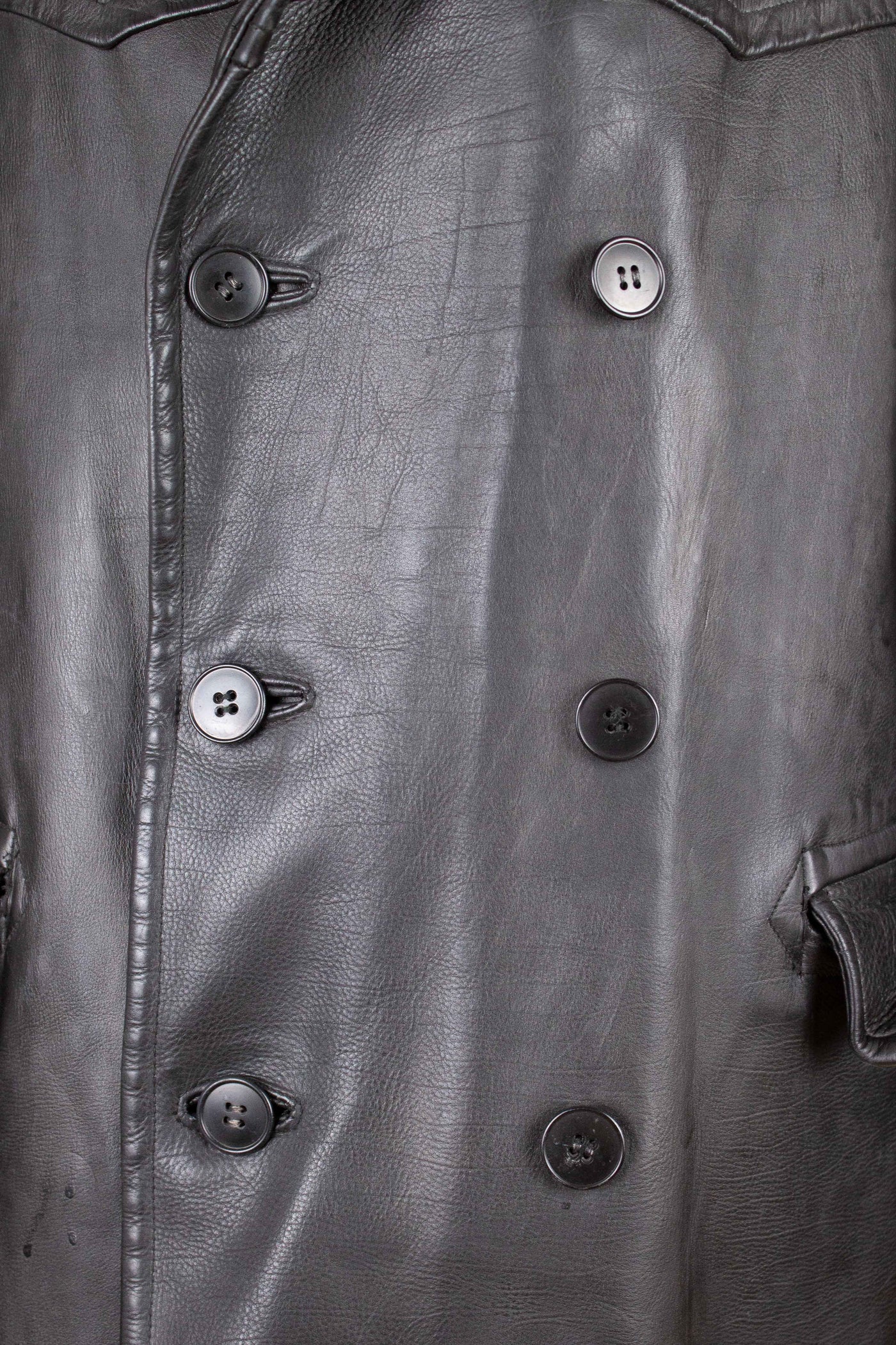 SWEDISH 1940S/1950S BLACK DOUBLE BREASTED GOATSKIN JACKET WITH FUR COLLAR. SIZE CA EU 46 LONG