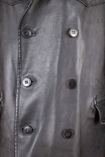 SWEDISH 1940S/1950S BLACK DOUBLE BREASTED GOATSKIN JACKET WITH FUR COLLAR. SIZE CA EU 46 LONG