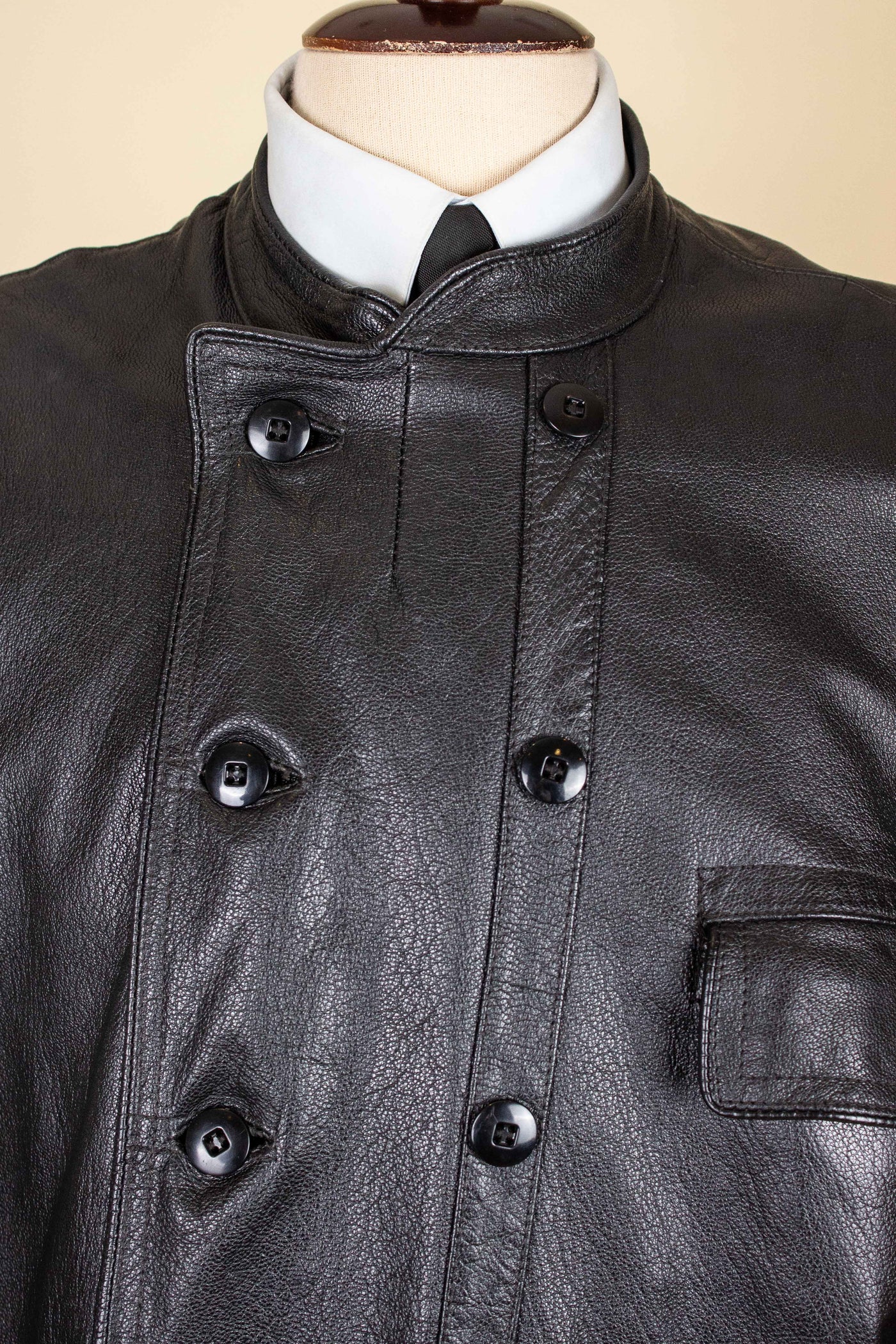 SWEDISH 1960S BLACK DOUBLE BREASTED GOATSKIN JACKET BY LEFA. SIZE CA EU 50