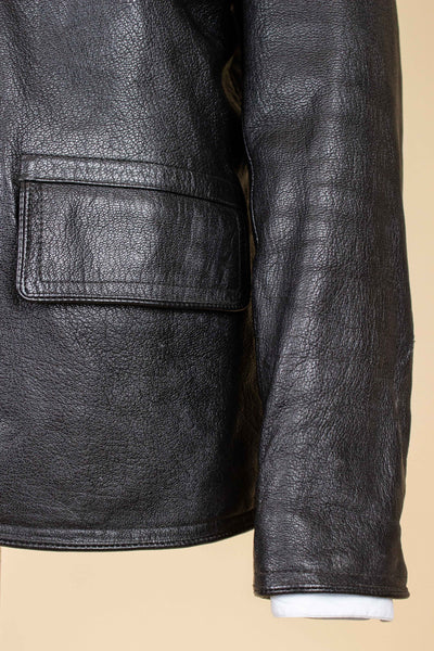 SWEDISH 1960S BLACK DOUBLE BREASTED GOATSKIN JACKET BY LEFA. SIZE CA EU 50