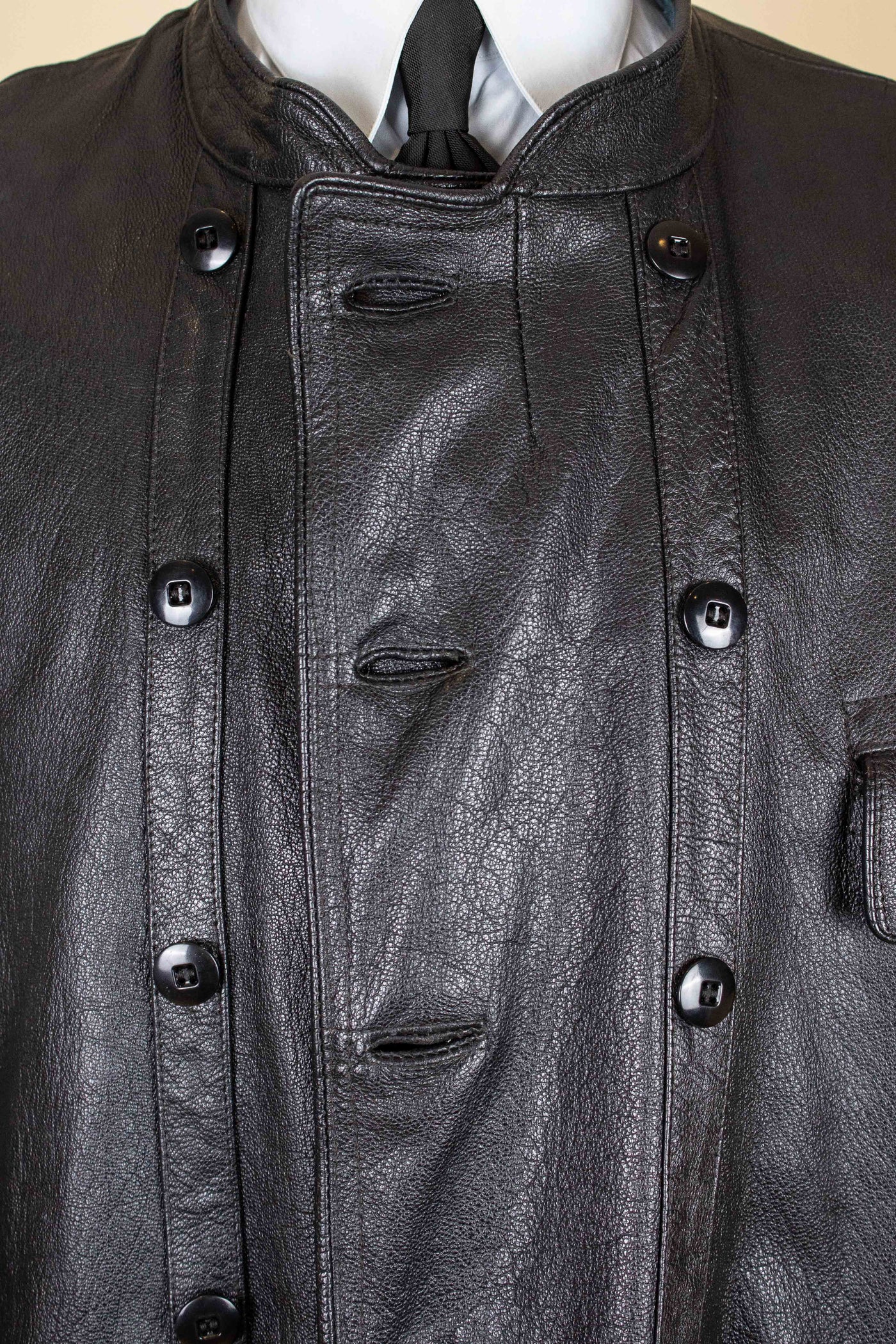 SWEDISH 1960S BLACK DOUBLE BREASTED GOATSKIN JACKET BY LEFA. SIZE CA EU 50