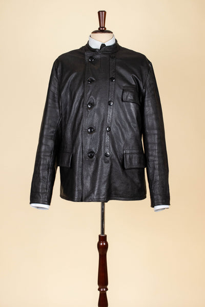 SWEDISH 1960S BLACK DOUBLE BREASTED GOATSKIN JACKET BY LEFA. SIZE CA EU 50