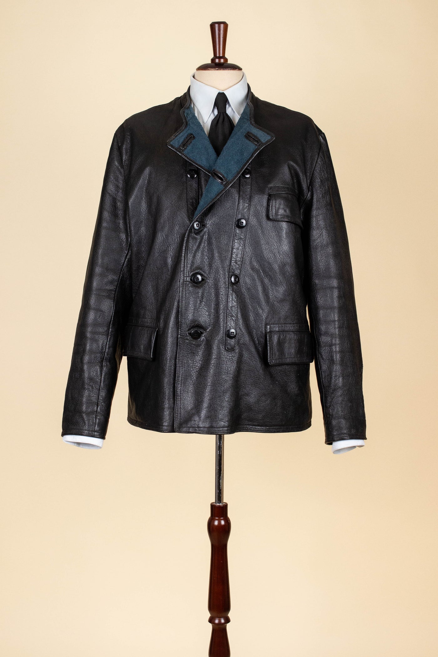 SWEDISH 1960S BLACK DOUBLE BREASTED GOATSKIN JACKET BY LEFA. SIZE CA EU 50