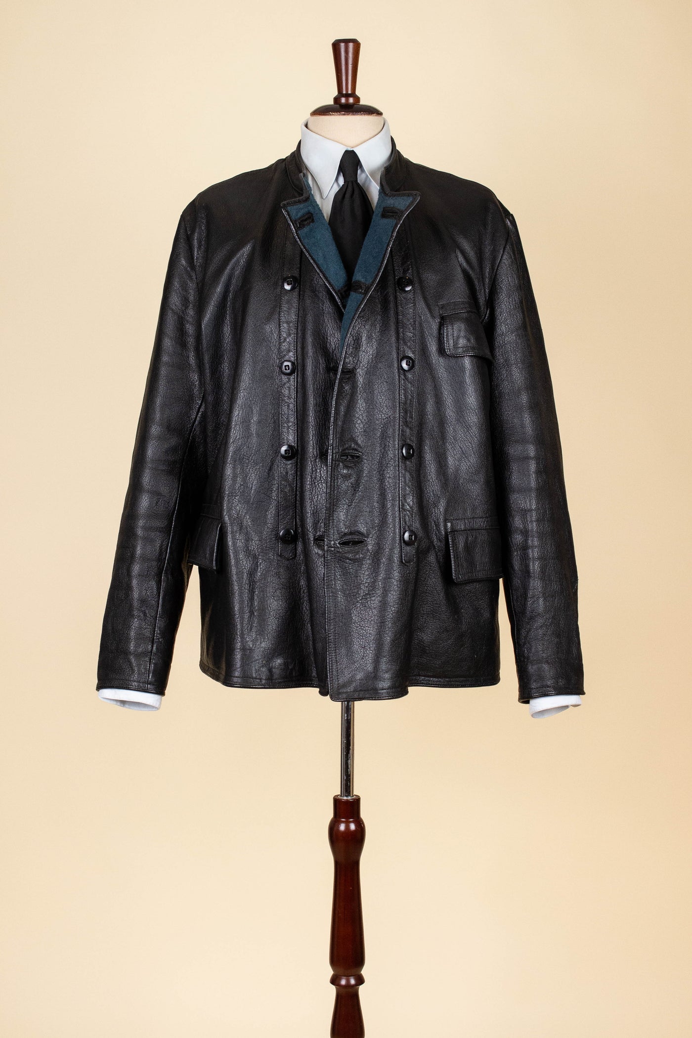 SWEDISH 1960S BLACK DOUBLE BREASTED GOATSKIN JACKET BY LEFA. SIZE CA EU 50