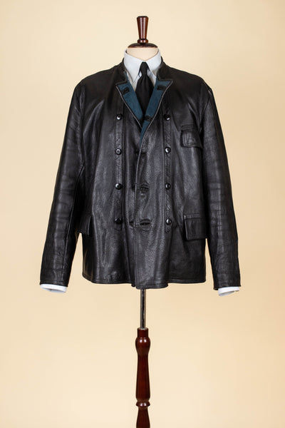 SWEDISH 1960S BLACK DOUBLE BREASTED GOATSKIN JACKET BY LEFA. SIZE CA EU 50