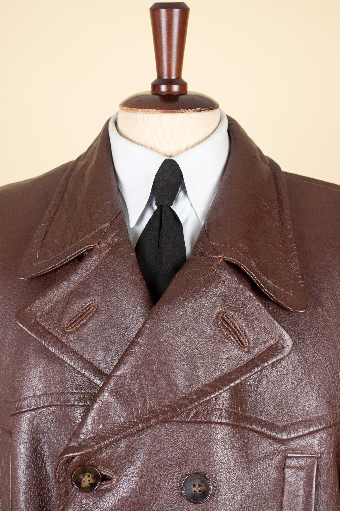 SWEDISH 1940S BROWN DOUBLE BREASTED BELTED GOATSKIN JACKET. SIZE CA EU 56