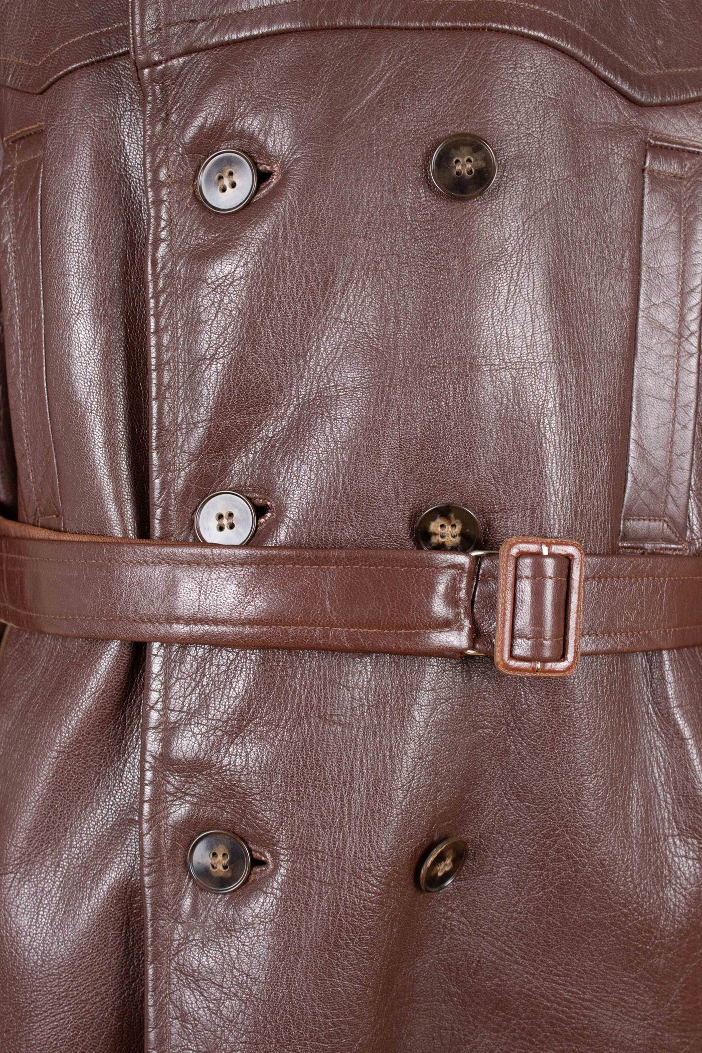 SWEDISH 1940S BROWN DOUBLE BREASTED BELTED GOATSKIN JACKET. SIZE CA EU 56