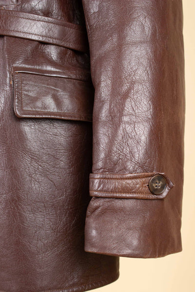 SWEDISH 1940S BROWN DOUBLE BREASTED BELTED GOATSKIN JACKET. SIZE CA EU 56