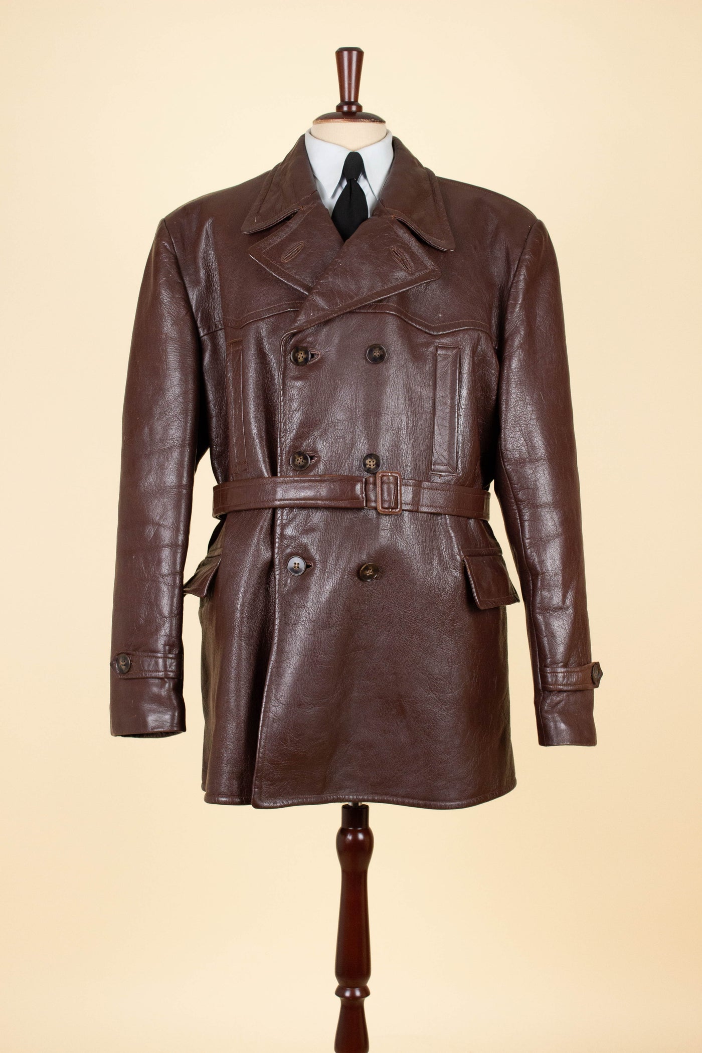 SWEDISH 1940S BROWN DOUBLE BREASTED BELTED GOATSKIN JACKET. SIZE CA EU 56