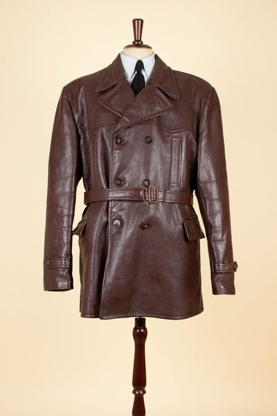 SWEDISH 1940S BROWN DOUBLE BREASTED BELTED GOATSKIN JACKET. SIZE CA EU 56