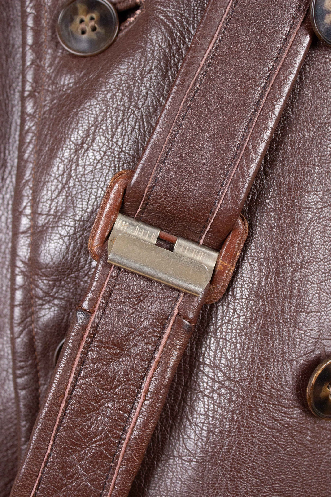 SWEDISH 1940S BROWN DOUBLE BREASTED BELTED GOATSKIN JACKET. SIZE CA EU 56