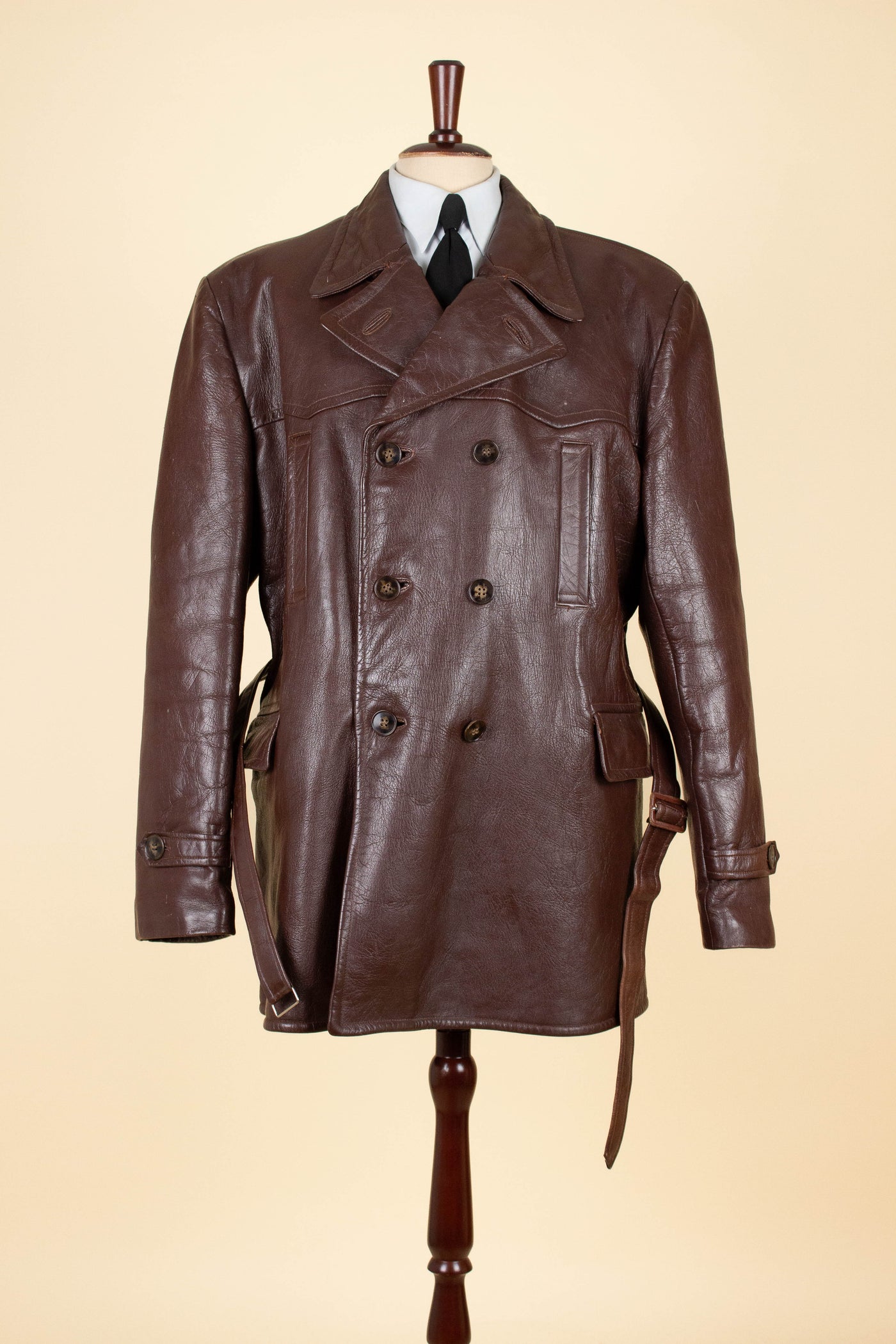 SWEDISH 1940S BROWN DOUBLE BREASTED BELTED GOATSKIN JACKET. SIZE CA EU 56