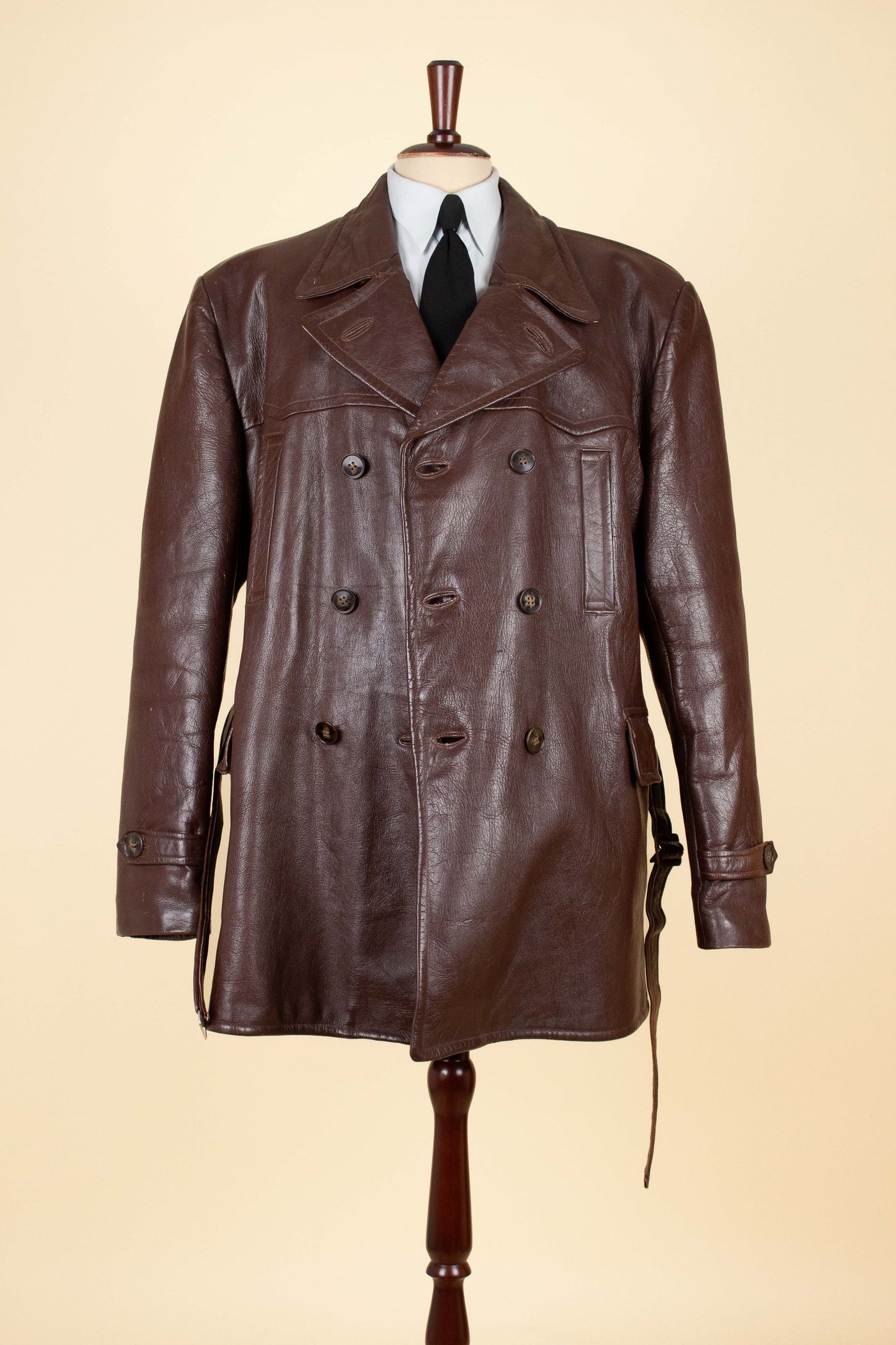 SWEDISH 1940S BROWN DOUBLE BREASTED BELTED GOATSKIN JACKET. SIZE CA EU 56