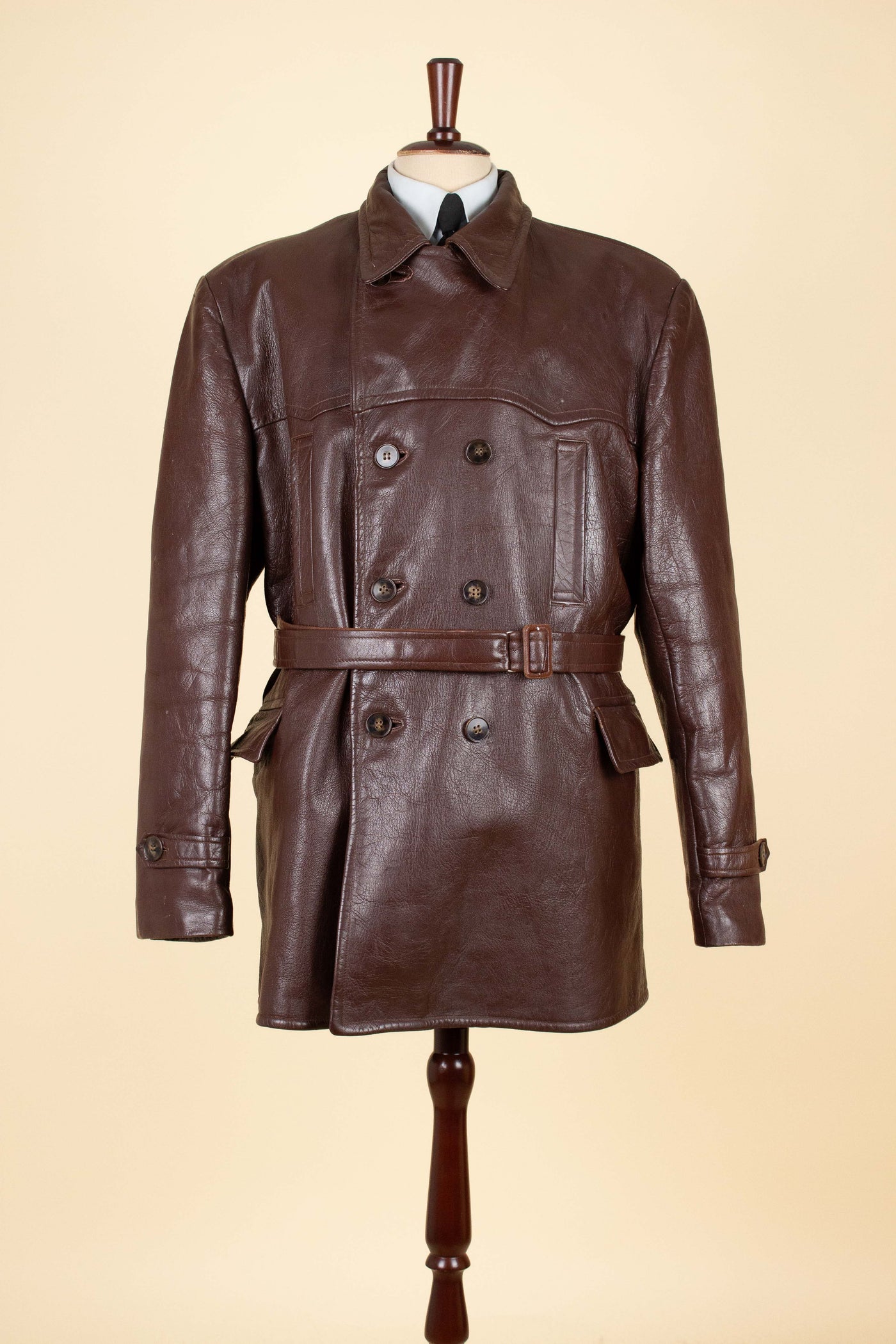 SWEDISH 1940S BROWN DOUBLE BREASTED BELTED GOATSKIN JACKET. SIZE CA EU 56