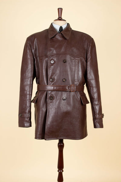 SWEDISH 1940S BROWN DOUBLE BREASTED BELTED GOATSKIN JACKET. SIZE CA EU 56