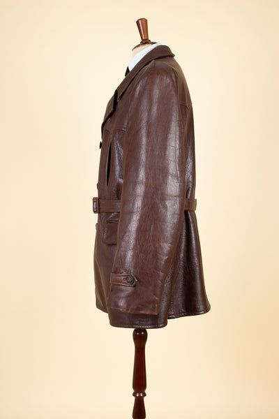 SWEDISH 1940S BROWN DOUBLE BREASTED BELTED GOATSKIN JACKET. SIZE CA EU 56