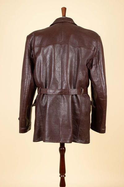 SWEDISH 1940S BROWN DOUBLE BREASTED BELTED GOATSKIN JACKET. SIZE CA EU 56