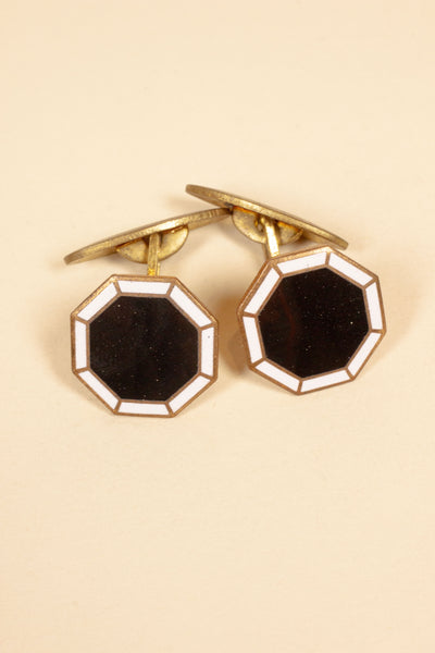 1920/1930'S DEADSTOCK BRASS OCTAGON CUFFLINKS WITH BLACK ENAMEL INLAY