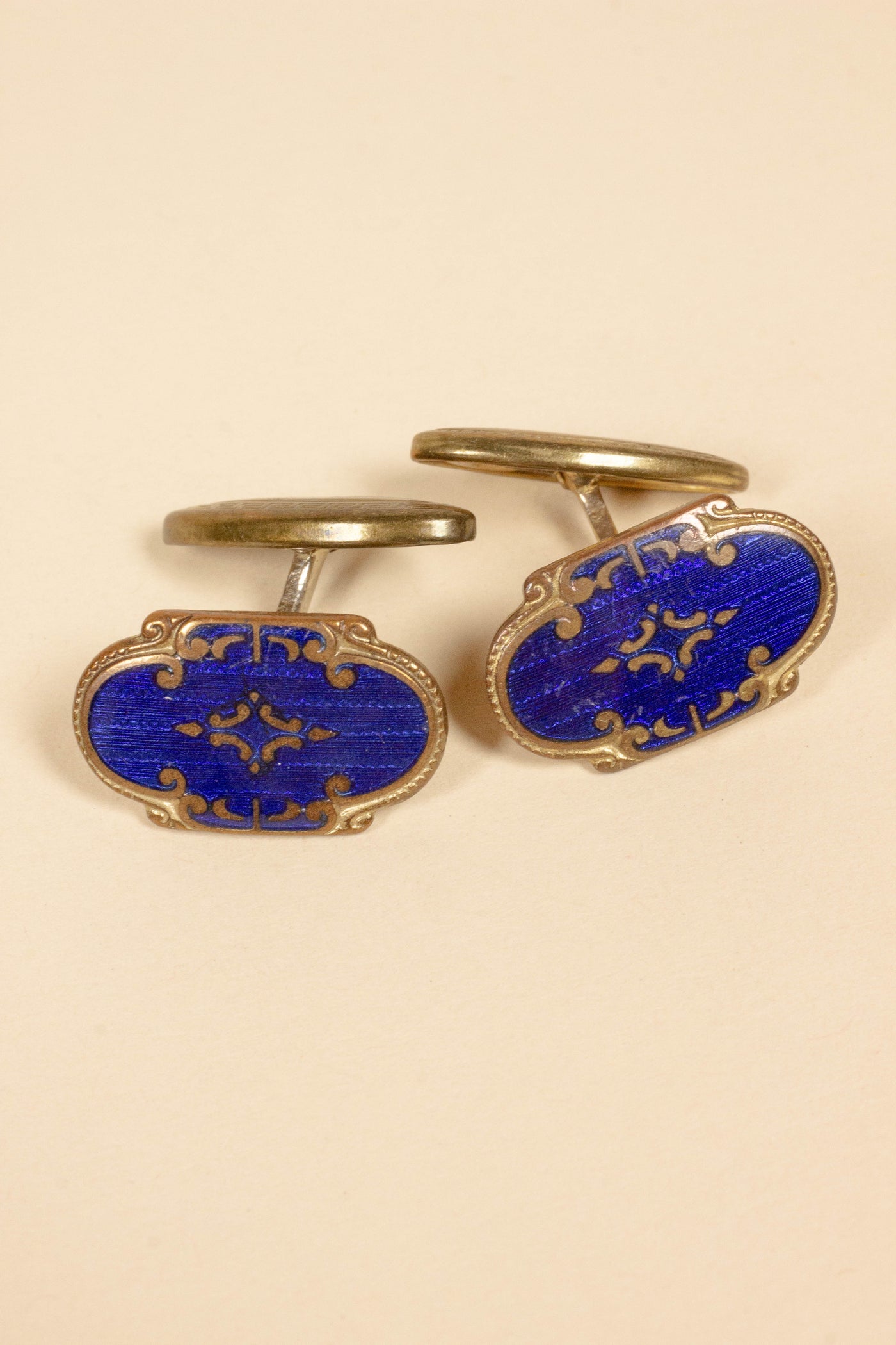 1920/1930'S BRASS CUFFLINKS WITH BLUE ENAMEL INLAY