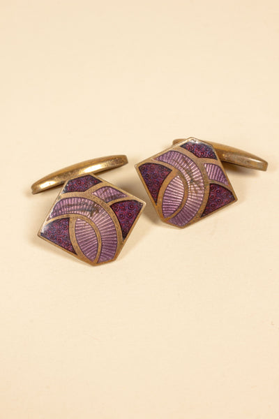 1920/1930'S BRASS CUFFLINKS WITH PURPLE ENAMEL INLAY