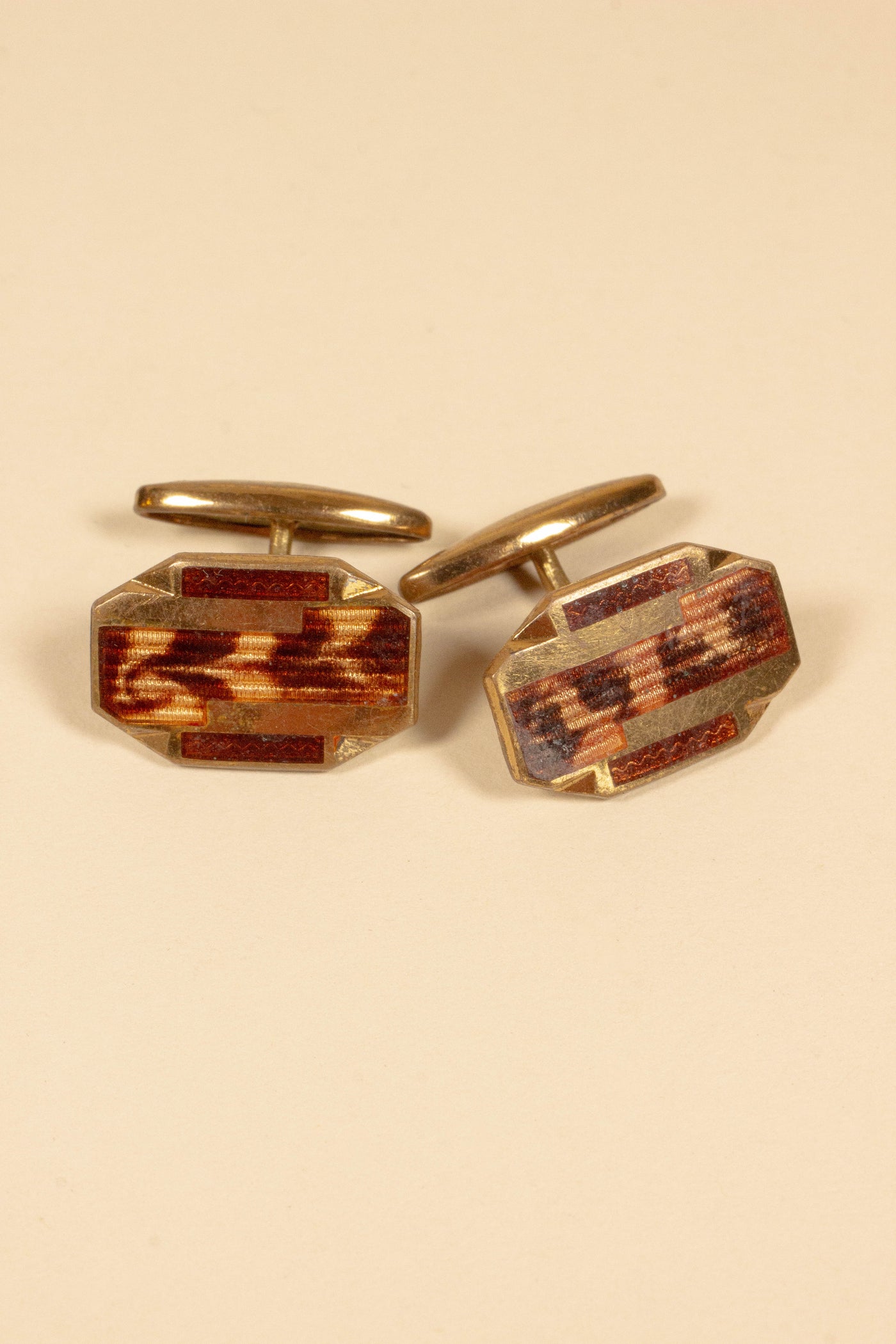 SWEDISH 1930S BRASS CUFFLINKS WITH AMBER-COLOURED INLAY